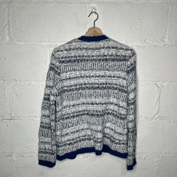 J. McLaughlin Women's White Blue Knitted Open Front Structed Cardigan Sz Medium - Picture 3 of 6